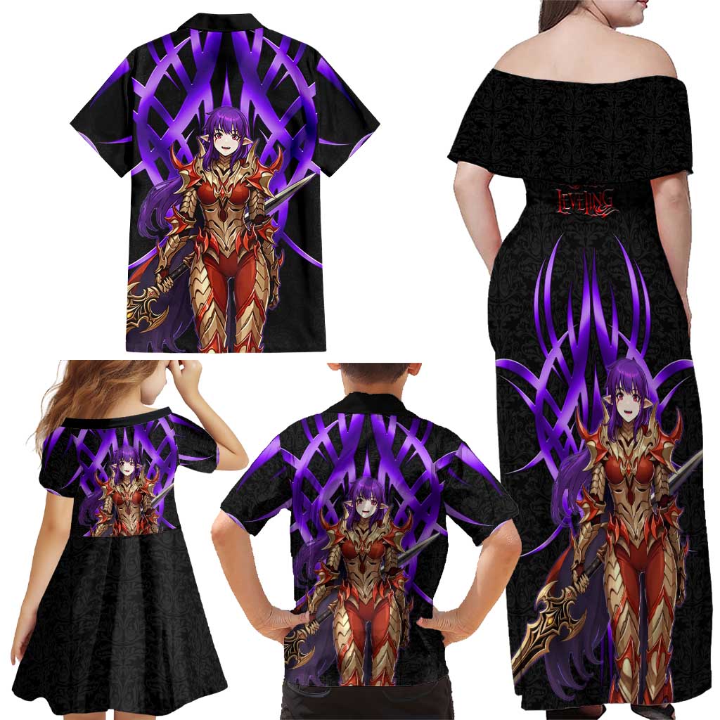 Esil Radiru Solo Leveling Family Matching Off Shoulder Maxi Dress and Hawaiian Shirt Cyber Gothic Anime Style