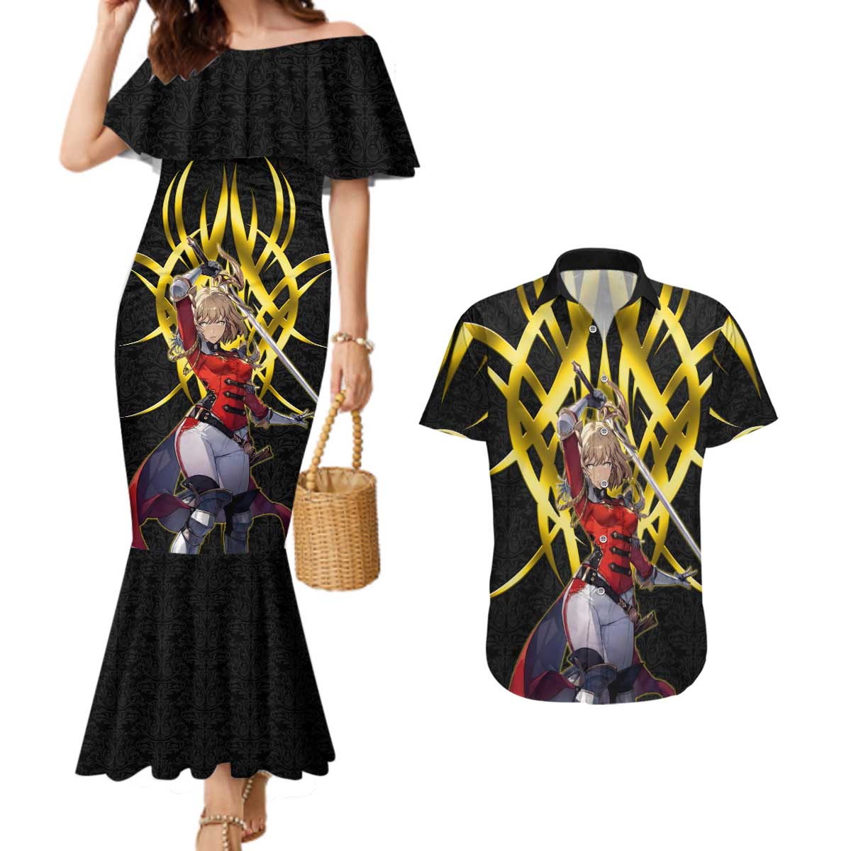 Cha Hae In Solo Leveling Couples Matching Mermaid Dress and Hawaiian Shirt Golden Bladecore Anime Style