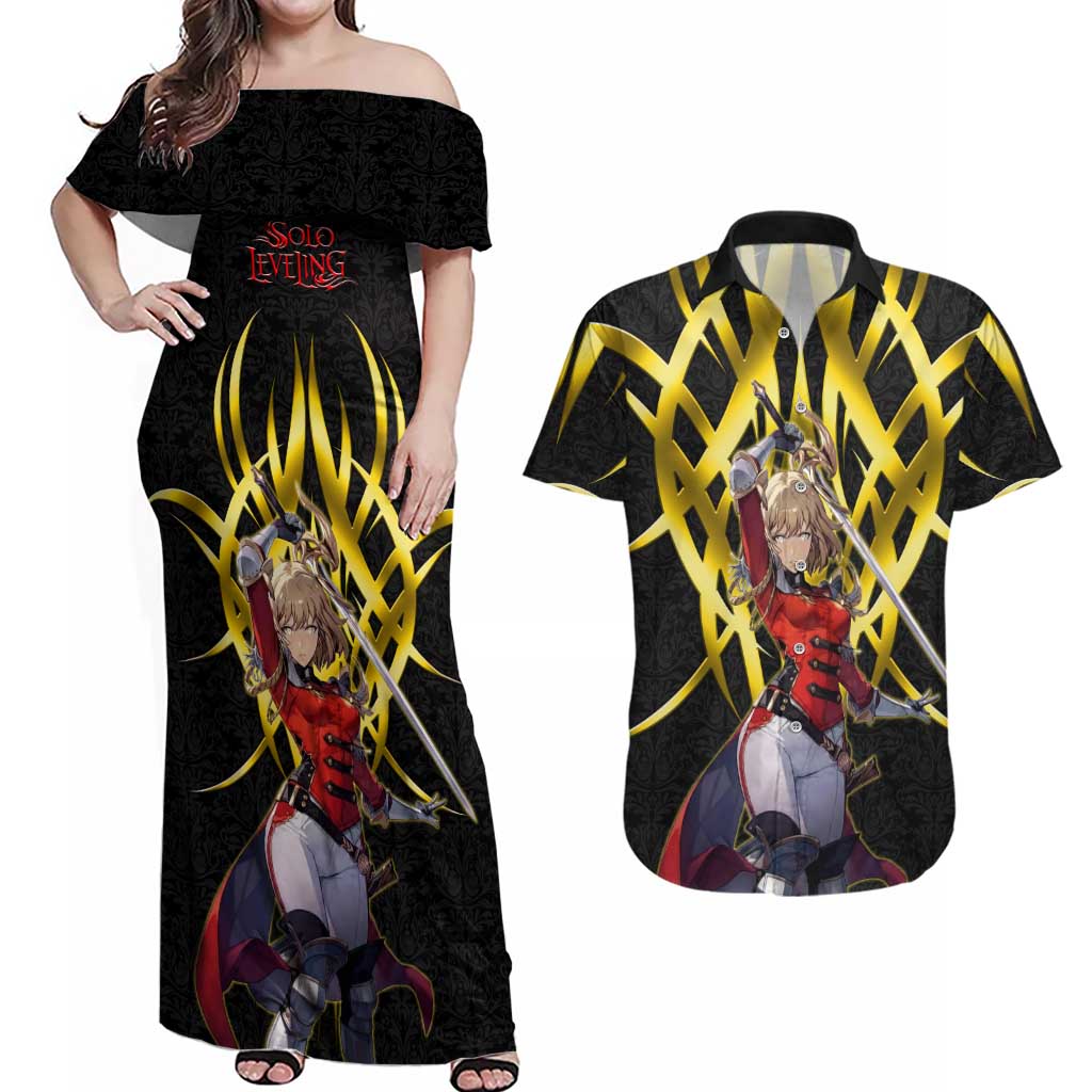 Cha Hae In Solo Leveling Couples Matching Off Shoulder Maxi Dress and Hawaiian Shirt Golden Bladecore Anime Style