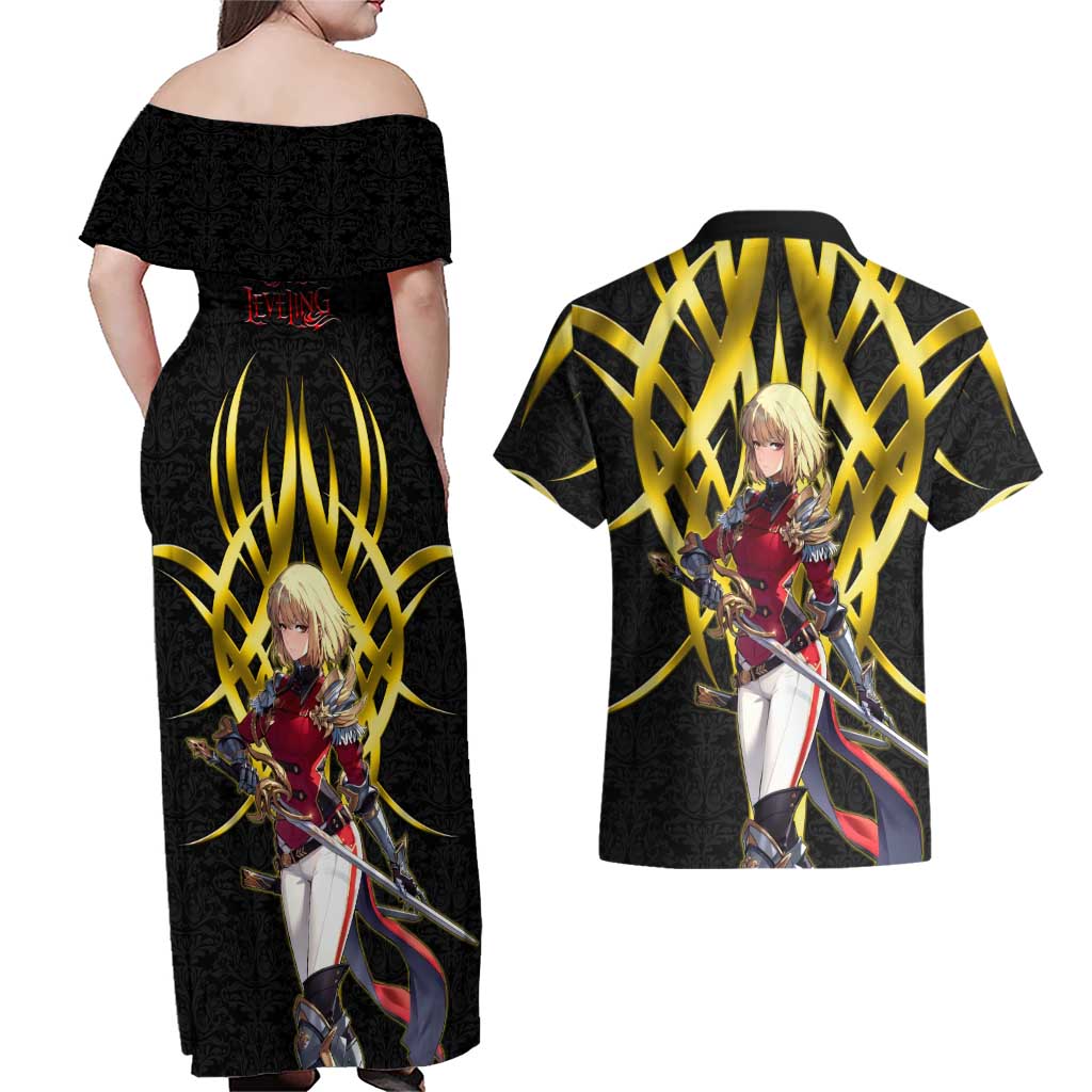 Cha Hae In Solo Leveling Couples Matching Off Shoulder Maxi Dress and Hawaiian Shirt Golden Bladecore Anime Style