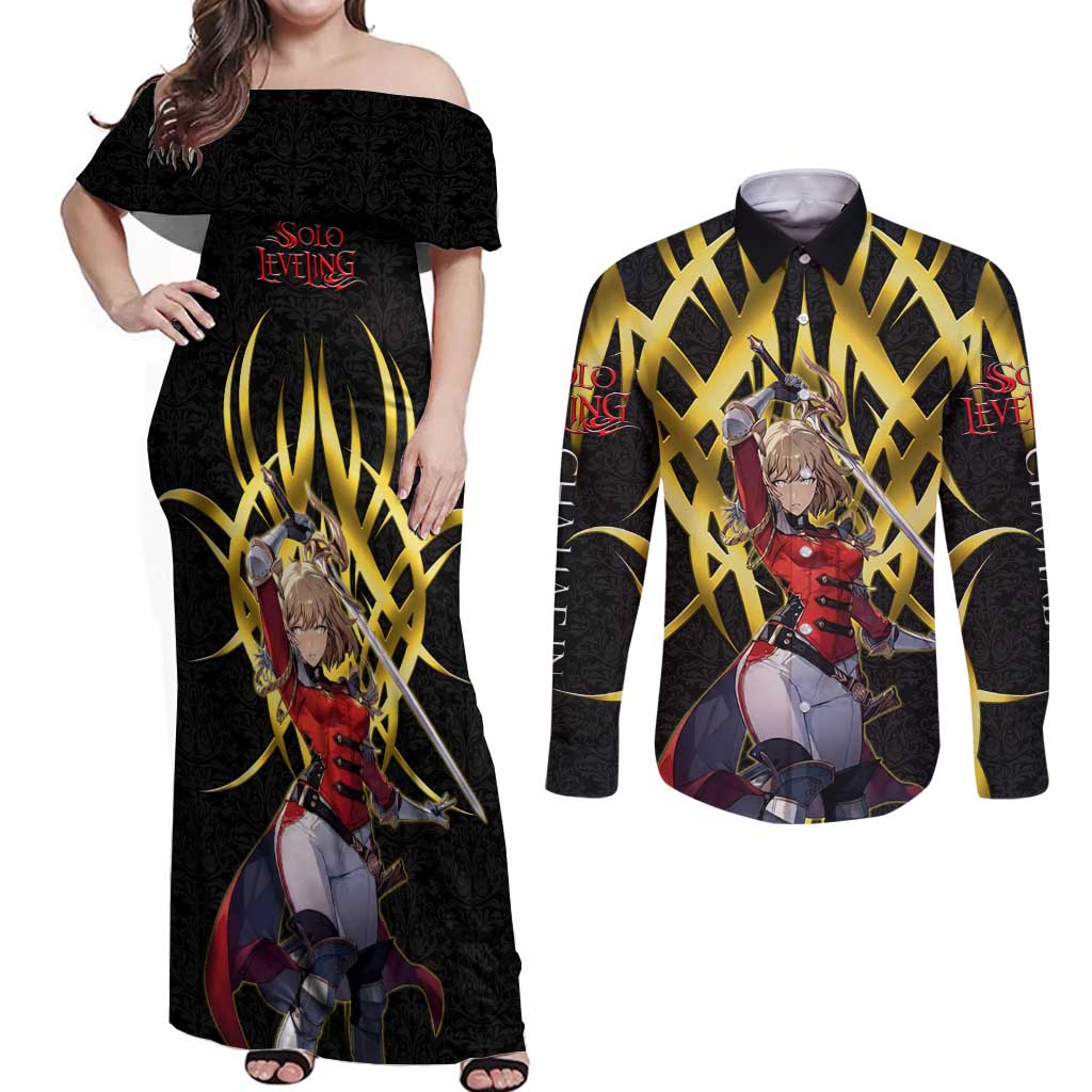 Cha Hae In Solo Leveling Couples Matching Off Shoulder Maxi Dress and Long Sleeve Button Shirt Golden Bladecore Anime Style