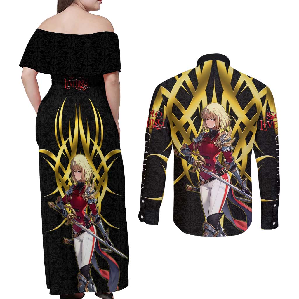 Cha Hae In Solo Leveling Couples Matching Off Shoulder Maxi Dress and Long Sleeve Button Shirt Golden Bladecore Anime Style