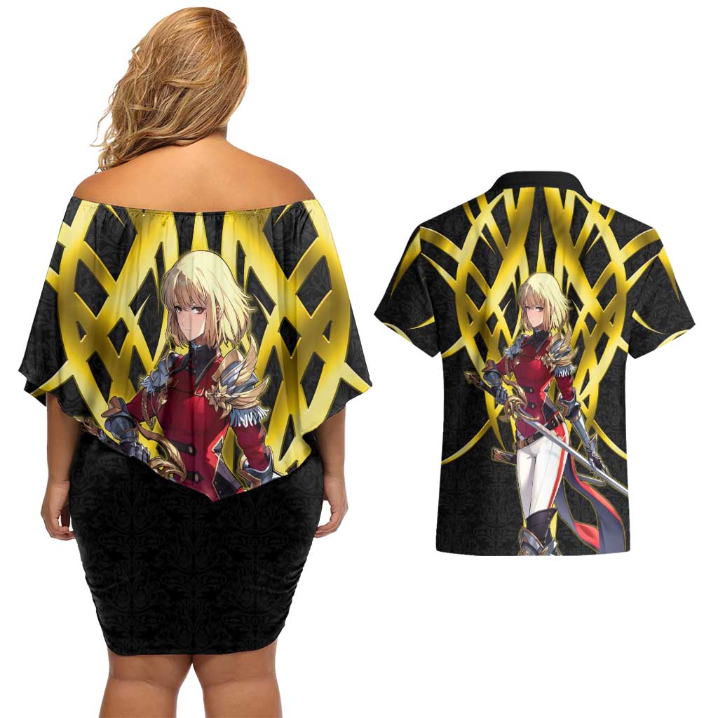 Cha Hae In Solo Leveling Couples Matching Off Shoulder Short Dress and Hawaiian Shirt Golden Bladecore Anime Style
