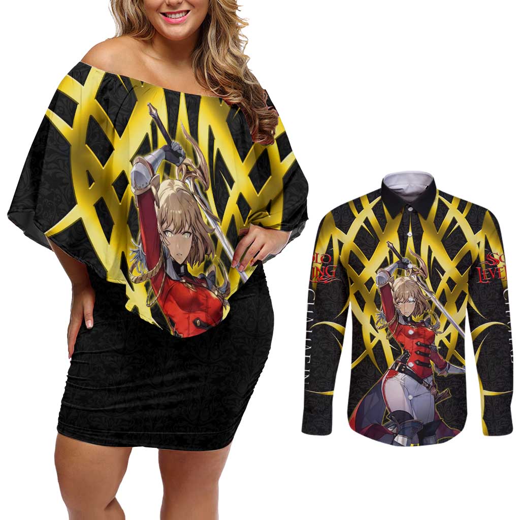 Cha Hae In Solo Leveling Couples Matching Off Shoulder Short Dress and Long Sleeve Button Shirt Golden Bladecore Anime Style