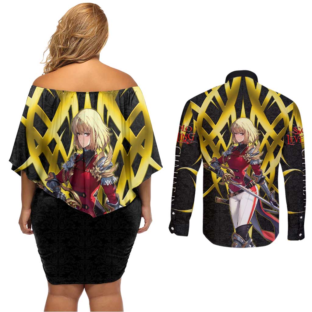 Cha Hae In Solo Leveling Couples Matching Off Shoulder Short Dress and Long Sleeve Button Shirt Golden Bladecore Anime Style