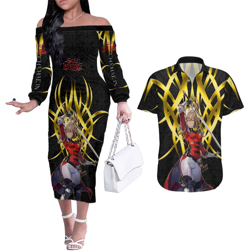 Cha Hae In Solo Leveling Couples Matching Off The Shoulder Long Sleeve Dress and Hawaiian Shirt Golden Bladecore Anime Style