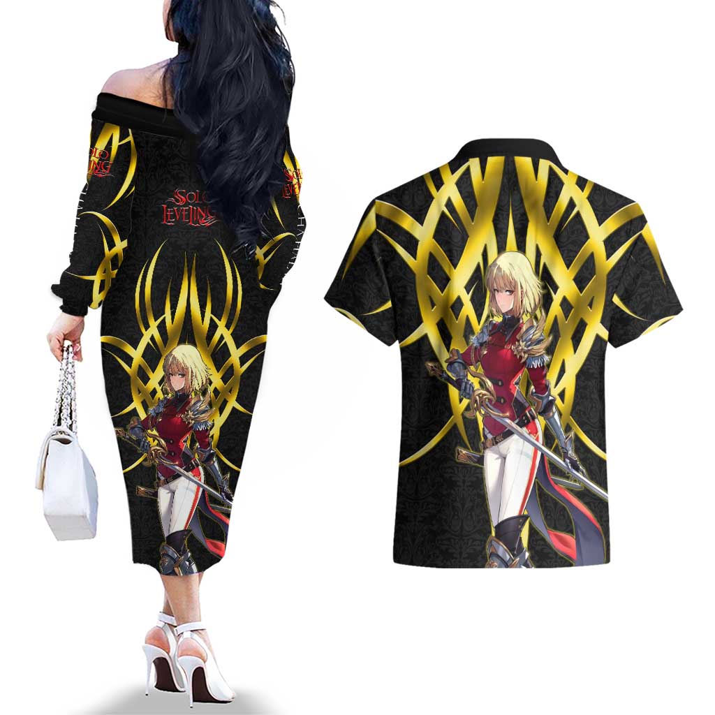 Cha Hae In Solo Leveling Couples Matching Off The Shoulder Long Sleeve Dress and Hawaiian Shirt Golden Bladecore Anime Style