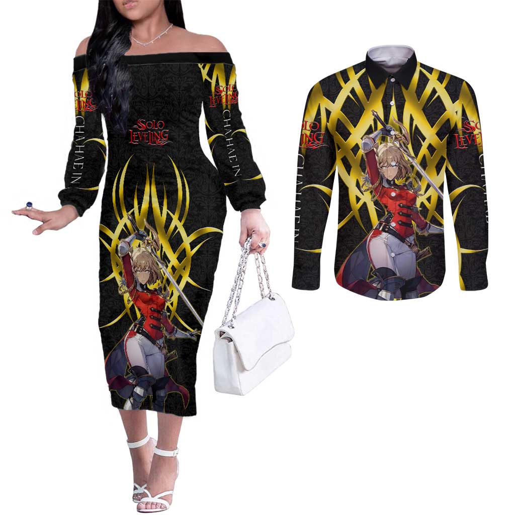Cha Hae In Solo Leveling Couples Matching Off The Shoulder Long Sleeve Dress and Long Sleeve Button Shirt Golden Bladecore Anime Style