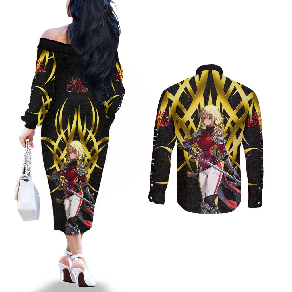 Cha Hae In Solo Leveling Couples Matching Off The Shoulder Long Sleeve Dress and Long Sleeve Button Shirt Golden Bladecore Anime Style