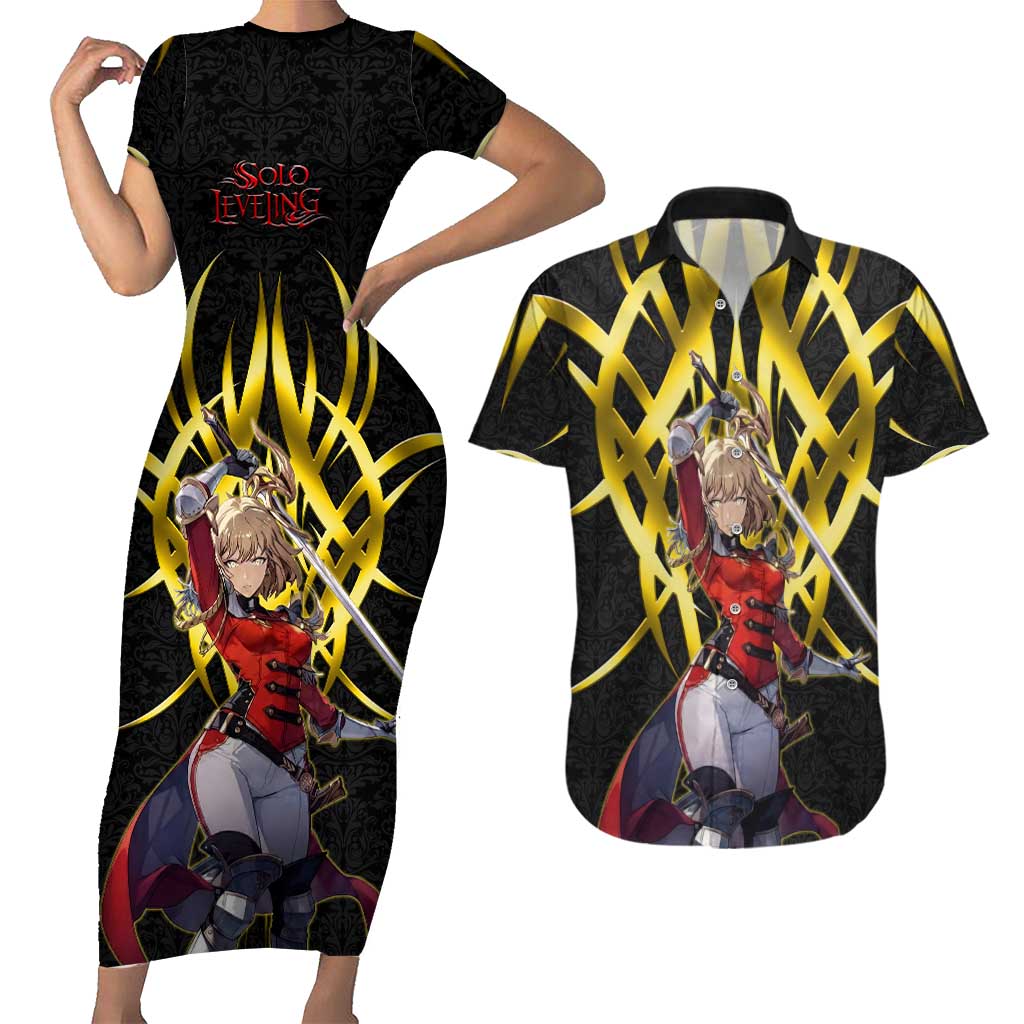 Cha Hae In Solo Leveling Couples Matching Short Sleeve Bodycon Dress and Hawaiian Shirt Golden Bladecore Anime Style