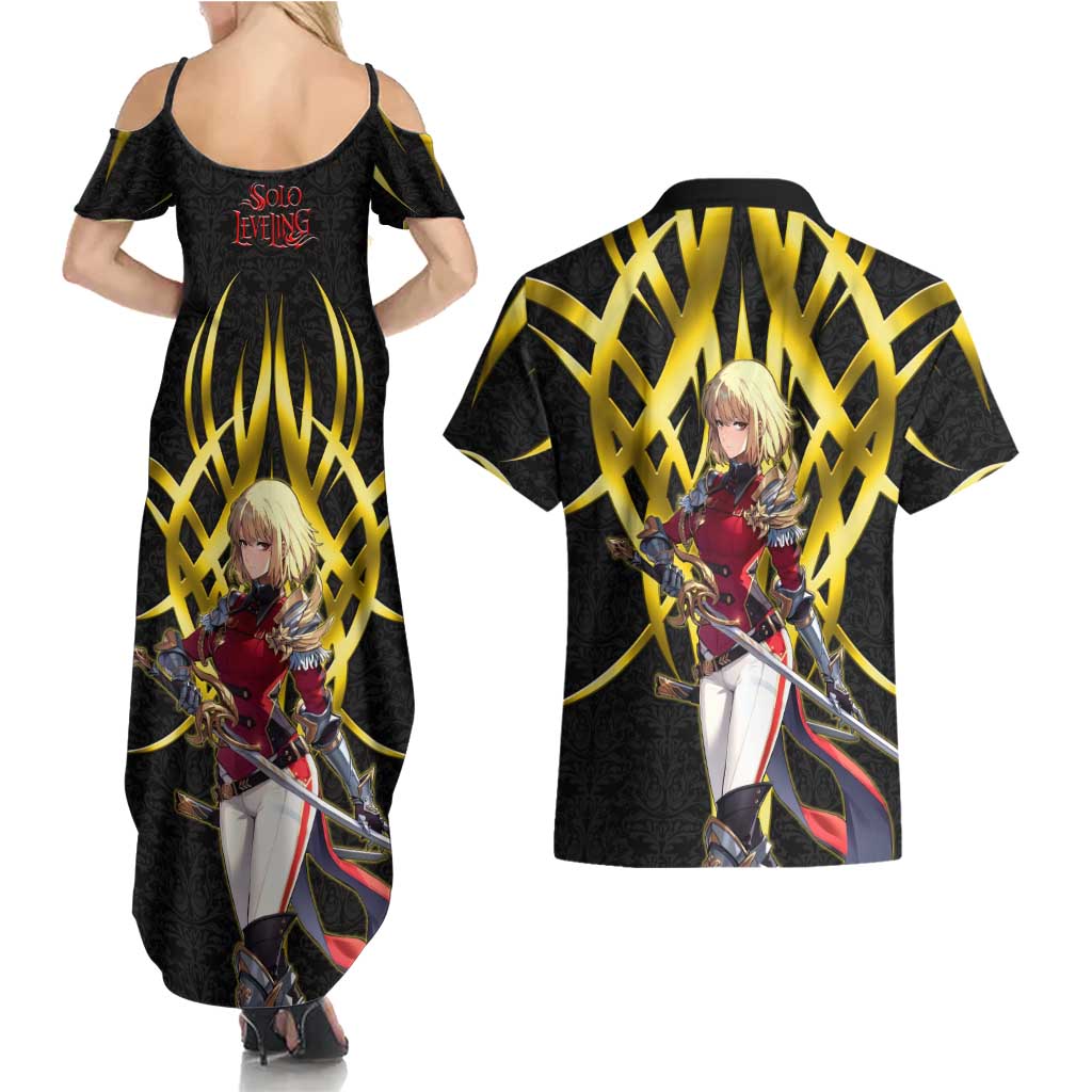 Cha Hae In Solo Leveling Couples Matching Summer Maxi Dress and Hawaiian Shirt Golden Bladecore Anime Style