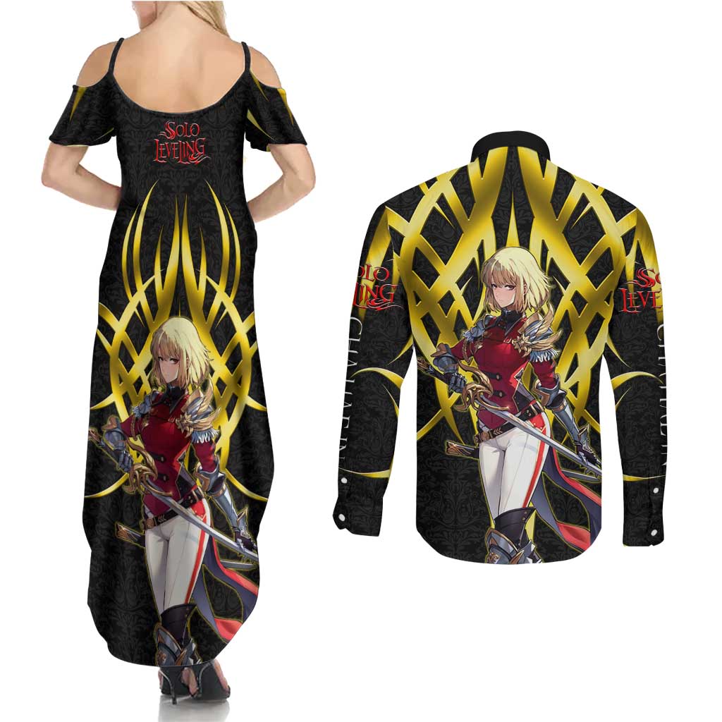 Cha Hae In Solo Leveling Couples Matching Summer Maxi Dress and Long Sleeve Button Shirt Golden Bladecore Anime Style