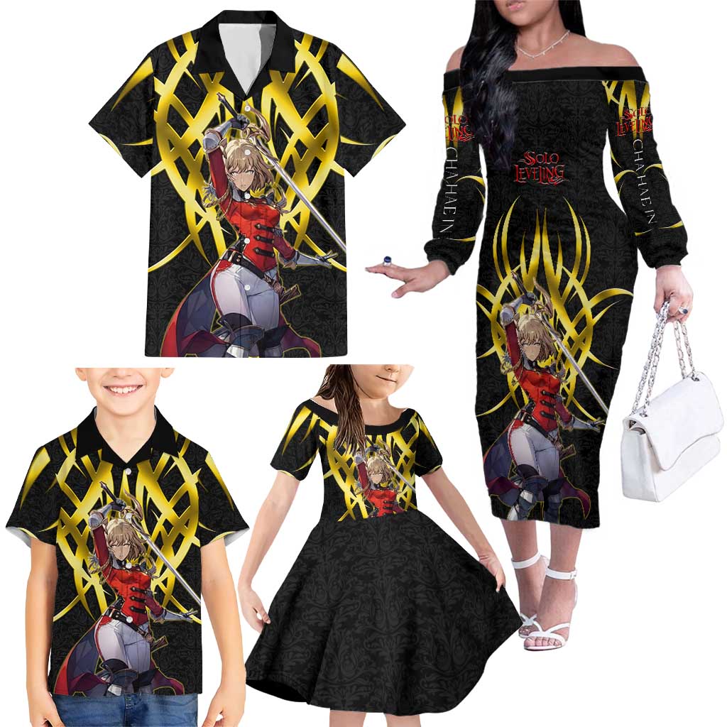 Cha Hae In Solo Leveling Family Matching Off The Shoulder Long Sleeve Dress and Hawaiian Shirt Golden Bladecore Anime Style