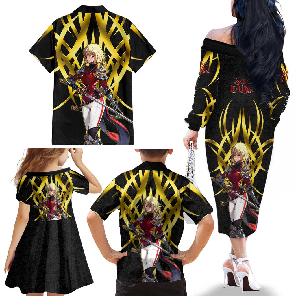 Cha Hae In Solo Leveling Family Matching Off The Shoulder Long Sleeve Dress and Hawaiian Shirt Golden Bladecore Anime Style