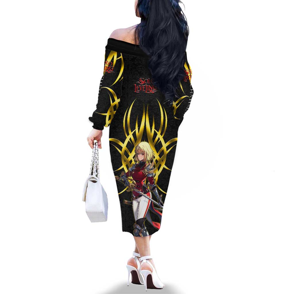 Cha Hae In Solo Leveling Family Matching Off The Shoulder Long Sleeve Dress and Hawaiian Shirt Golden Bladecore Anime Style