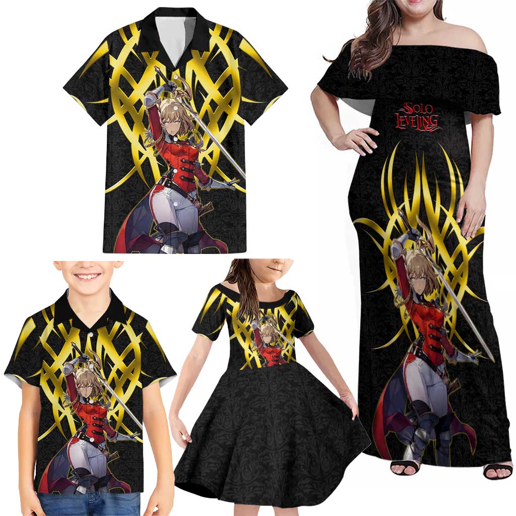 Cha Hae In Solo Leveling Family Matching Off Shoulder Maxi Dress and Hawaiian Shirt Golden Bladecore Anime Style