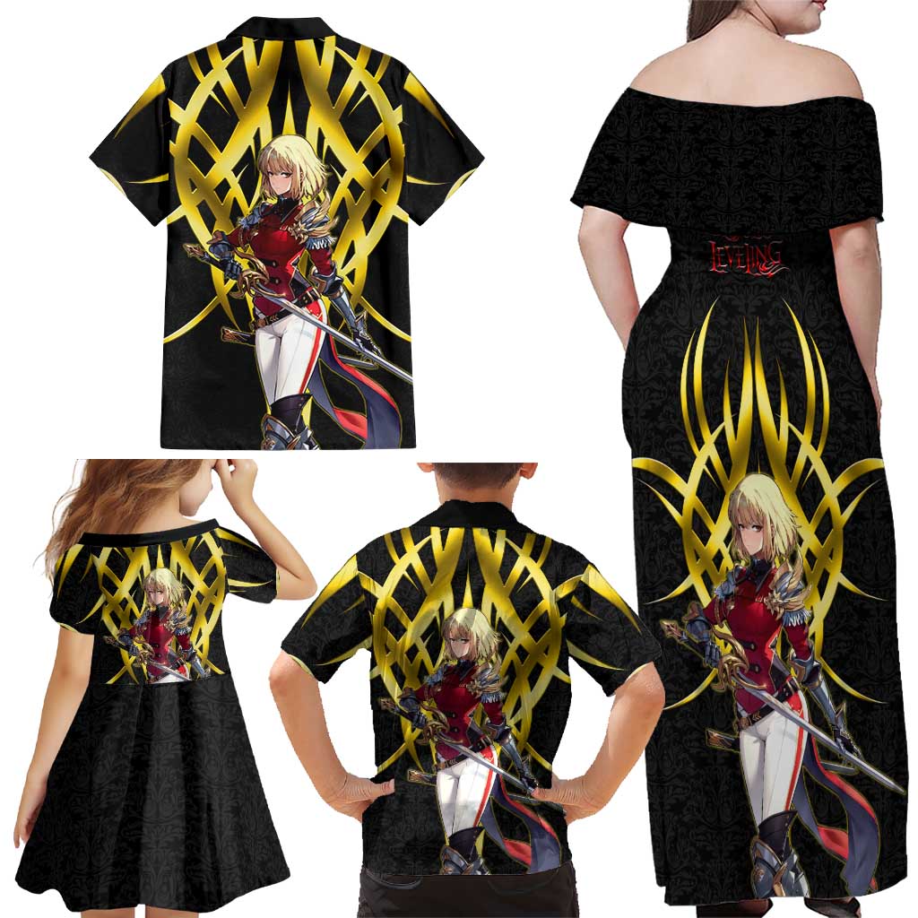 Cha Hae In Solo Leveling Family Matching Off Shoulder Maxi Dress and Hawaiian Shirt Golden Bladecore Anime Style