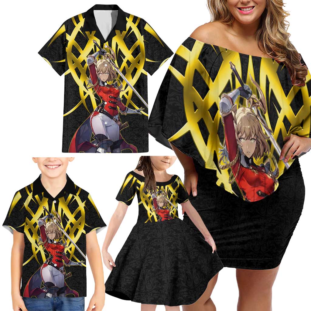 Cha Hae In Solo Leveling Family Matching Off Shoulder Short Dress and Hawaiian Shirt Golden Bladecore Anime Style