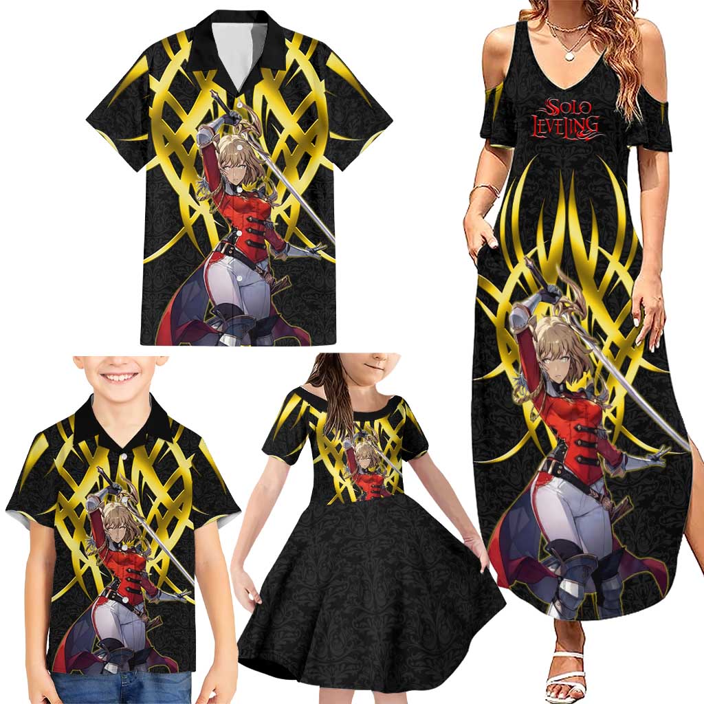 Cha Hae In Solo Leveling Family Matching Summer Maxi Dress and Hawaiian Shirt Golden Bladecore Anime Style