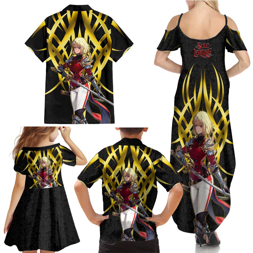 Cha Hae In Solo Leveling Family Matching Summer Maxi Dress and Hawaiian Shirt Golden Bladecore Anime Style