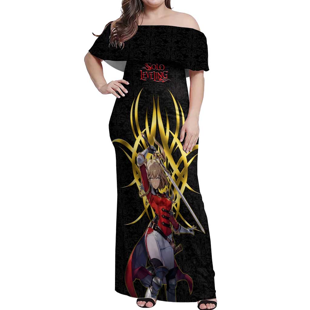 Cha Hae In Solo Leveling Off Shoulder Maxi Dress Golden Bladecore Anime Style