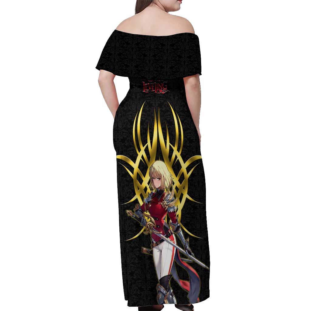Cha Hae In Solo Leveling Off Shoulder Maxi Dress Golden Bladecore Anime Style
