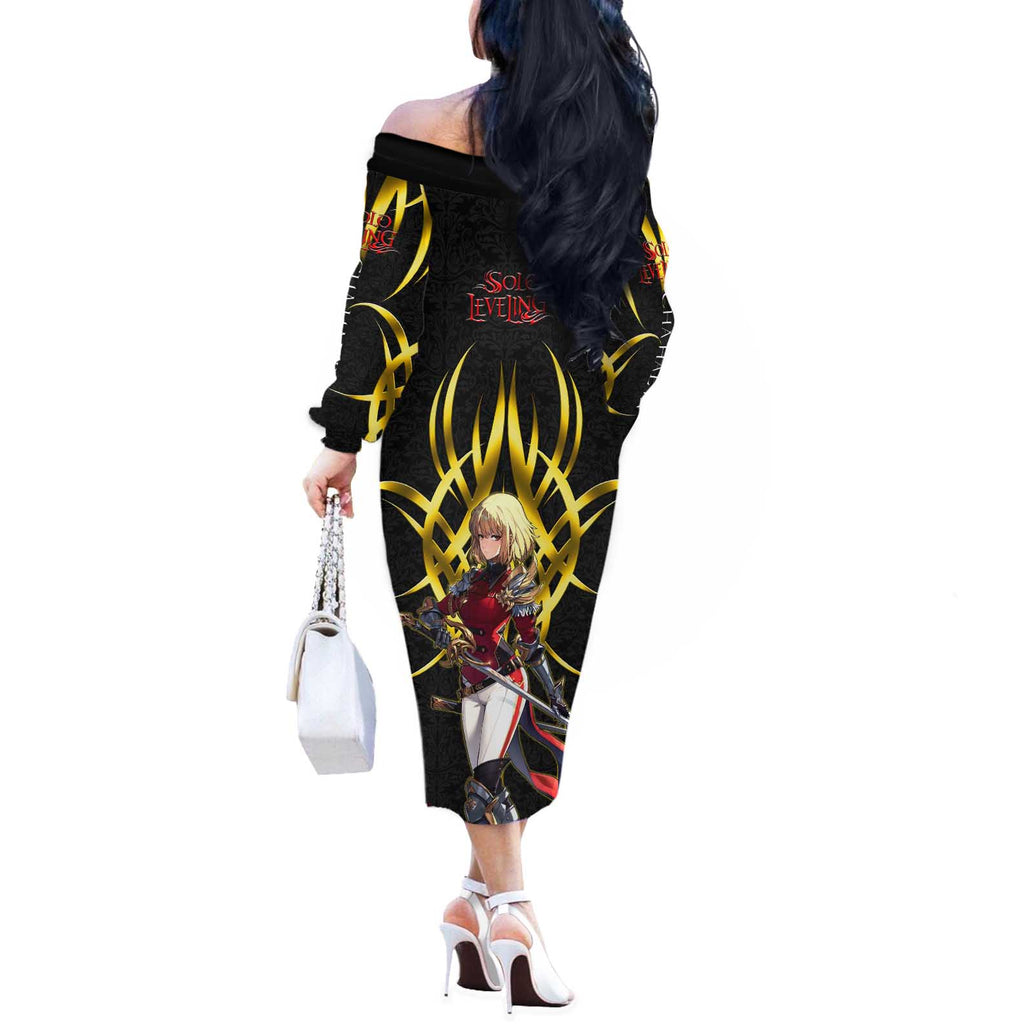 Cha Hae In Solo Leveling Off The Shoulder Long Sleeve Dress Golden Bladecore Anime Style