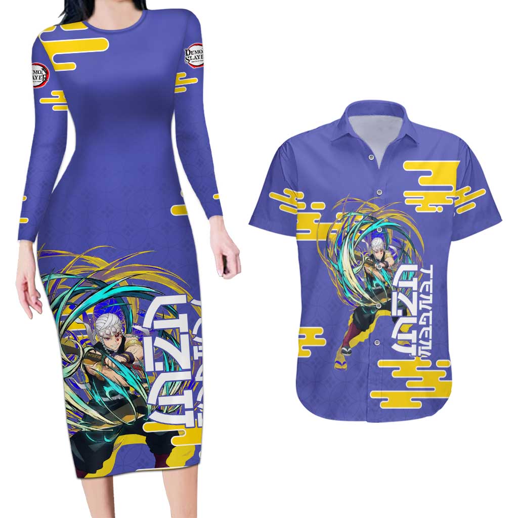 Tengen Uzui Demon Slayer Couples Matching Long Sleeve Bodycon Dress and Hawaiian Shirt Vibrant Anime Soundwave Style