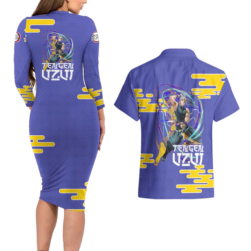 Tengen Uzui Demon Slayer Couples Matching Long Sleeve Bodycon Dress and Hawaiian Shirt Vibrant Anime Soundwave Style
