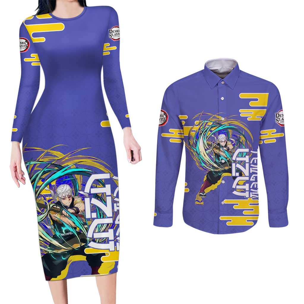 Tengen Uzui Demon Slayer Couples Matching Long Sleeve Bodycon Dress and Long Sleeve Button Shirt Vibrant Anime Soundwave Style