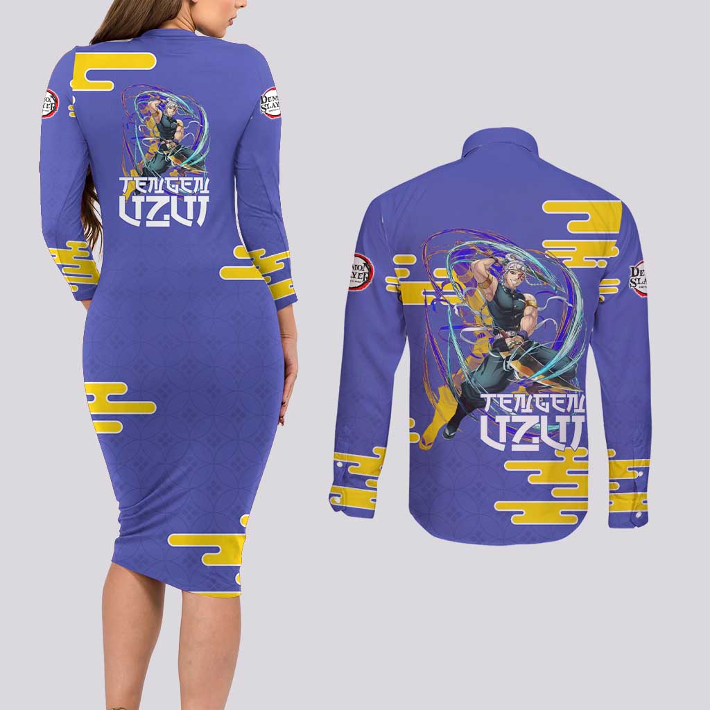 Tengen Uzui Demon Slayer Couples Matching Long Sleeve Bodycon Dress and Long Sleeve Button Shirt Vibrant Anime Soundwave Style