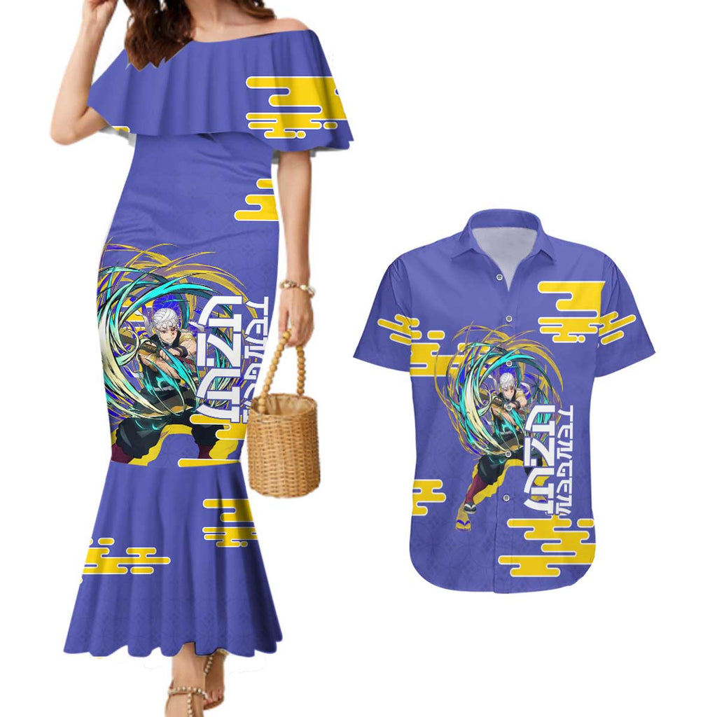 Tengen Uzui Demon Slayer Couples Matching Mermaid Dress and Hawaiian Shirt Vibrant Anime Soundwave Style