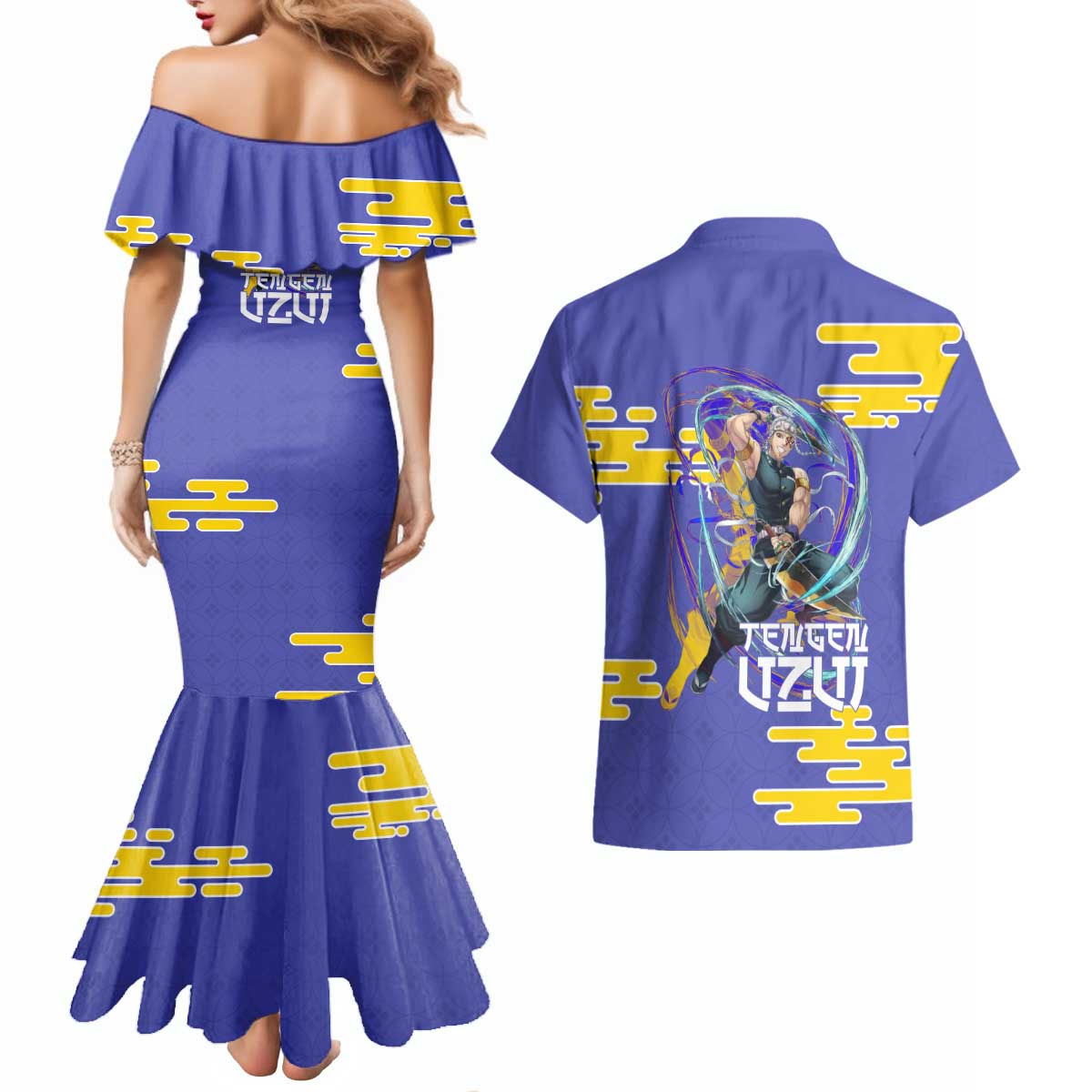 Tengen Uzui Demon Slayer Couples Matching Mermaid Dress and Hawaiian Shirt Vibrant Anime Soundwave Style