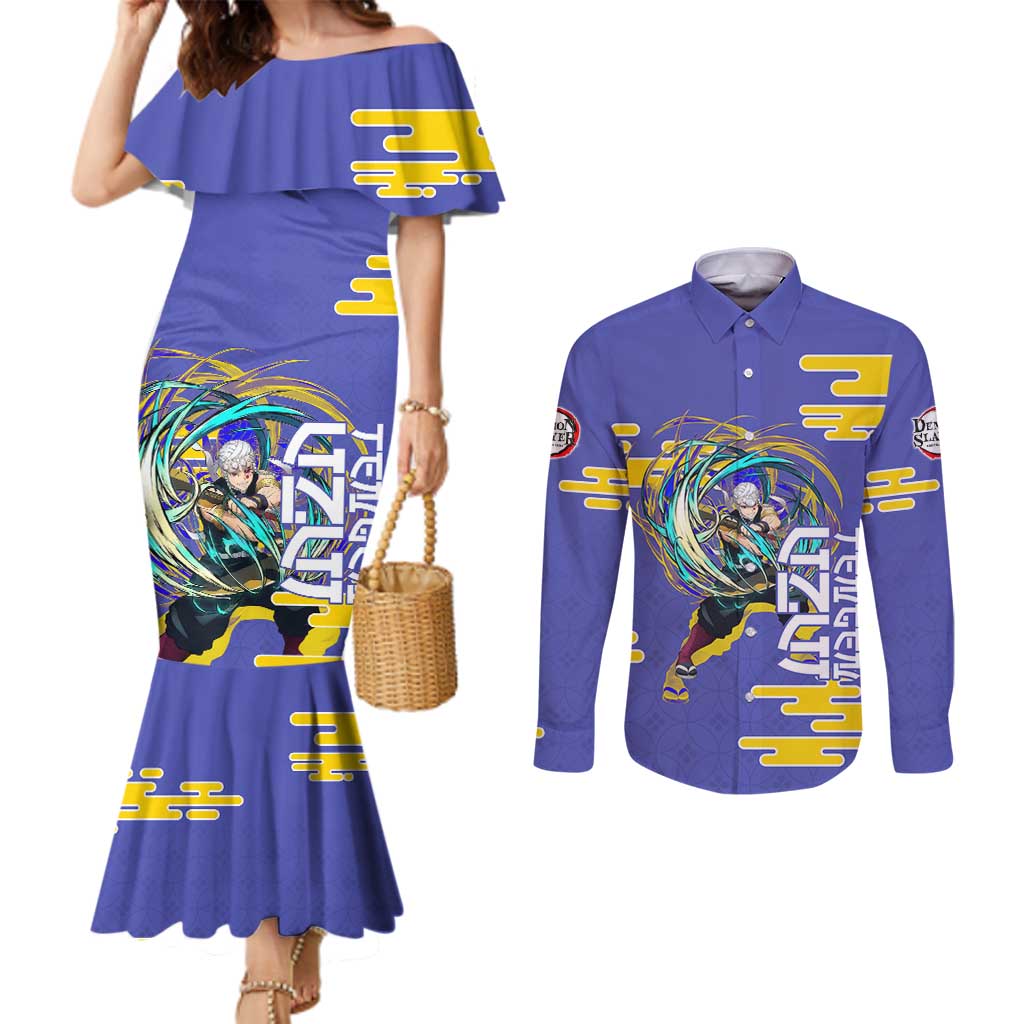 Tengen Uzui Demon Slayer Couples Matching Mermaid Dress and Long Sleeve Button Shirt Vibrant Anime Soundwave Style