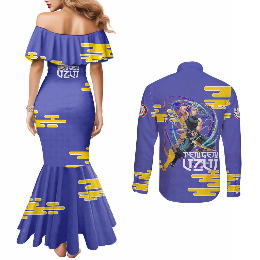 Tengen Uzui Demon Slayer Couples Matching Mermaid Dress and Long Sleeve Button Shirt Vibrant Anime Soundwave Style