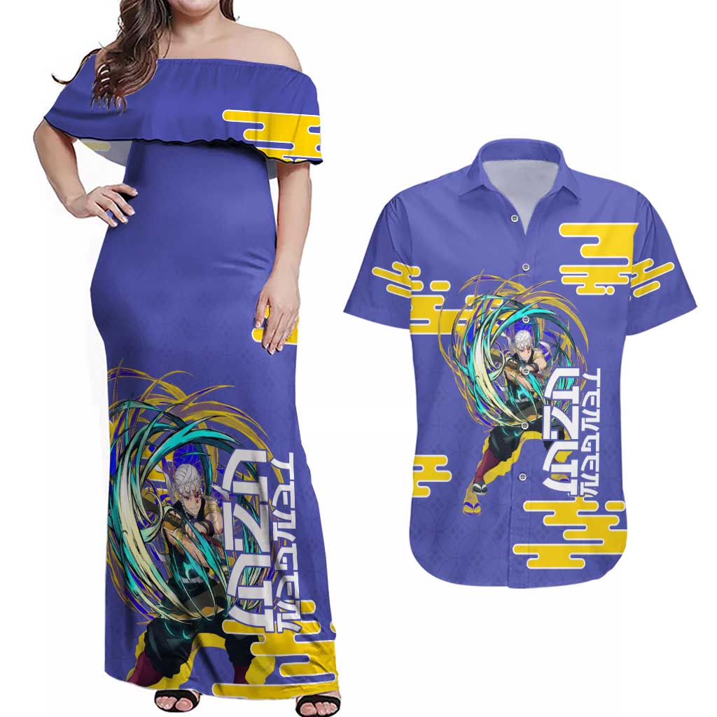 Tengen Uzui Demon Slayer Couples Matching Off Shoulder Maxi Dress and Hawaiian Shirt Vibrant Anime Soundwave Style