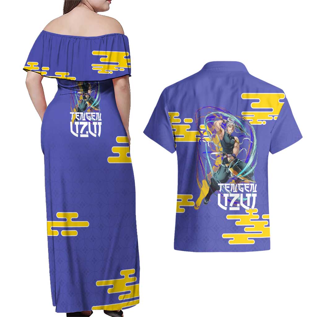 Tengen Uzui Demon Slayer Couples Matching Off Shoulder Maxi Dress and Hawaiian Shirt Vibrant Anime Soundwave Style