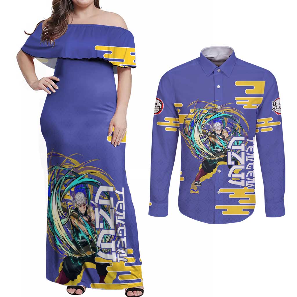 Tengen Uzui Demon Slayer Couples Matching Off Shoulder Maxi Dress and Long Sleeve Button Shirt Vibrant Anime Soundwave Style