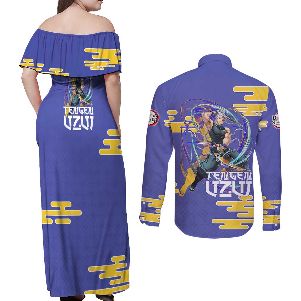 Tengen Uzui Demon Slayer Couples Matching Off Shoulder Maxi Dress and Long Sleeve Button Shirt Vibrant Anime Soundwave Style