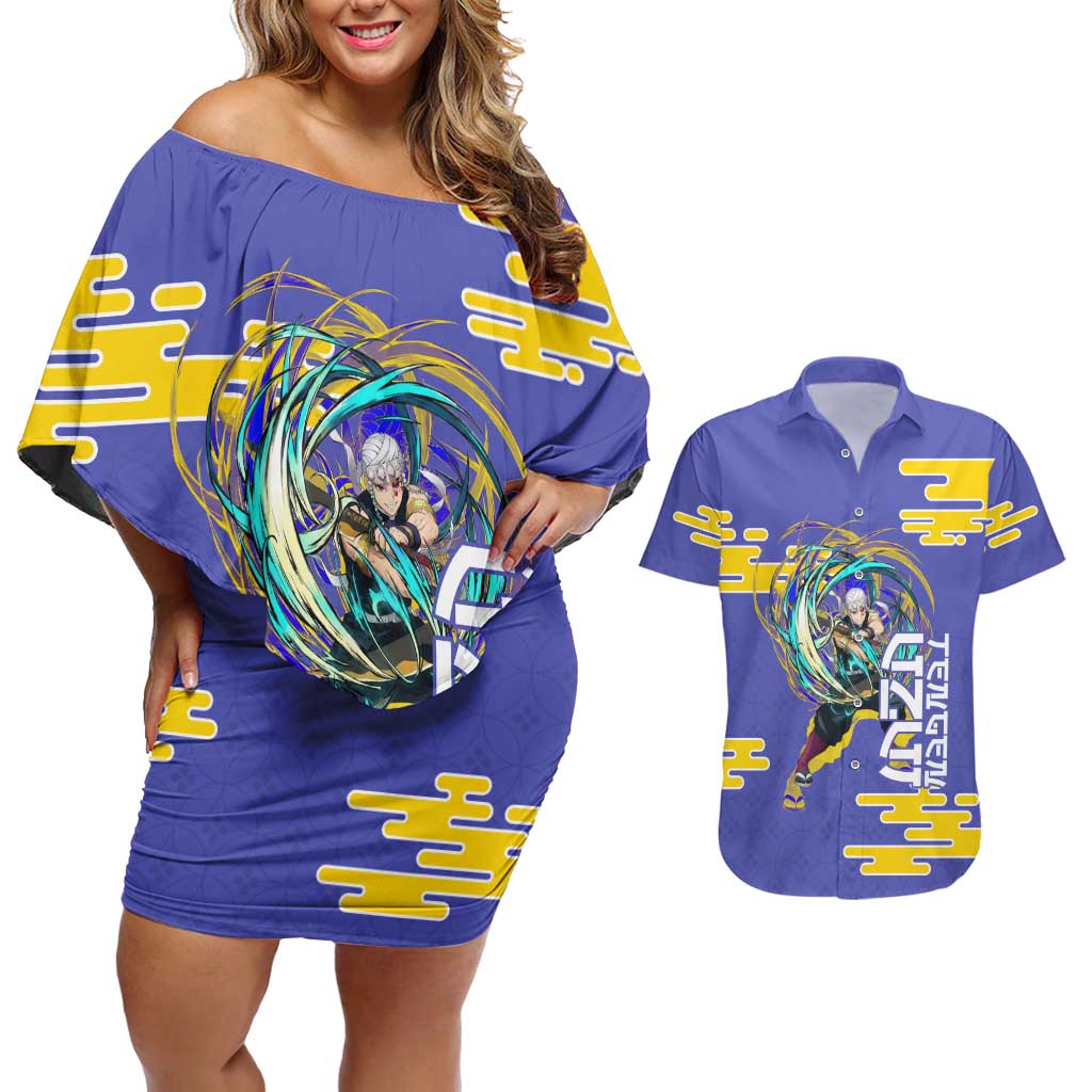 Tengen Uzui Demon Slayer Couples Matching Off Shoulder Short Dress and Hawaiian Shirt Vibrant Anime Soundwave Style