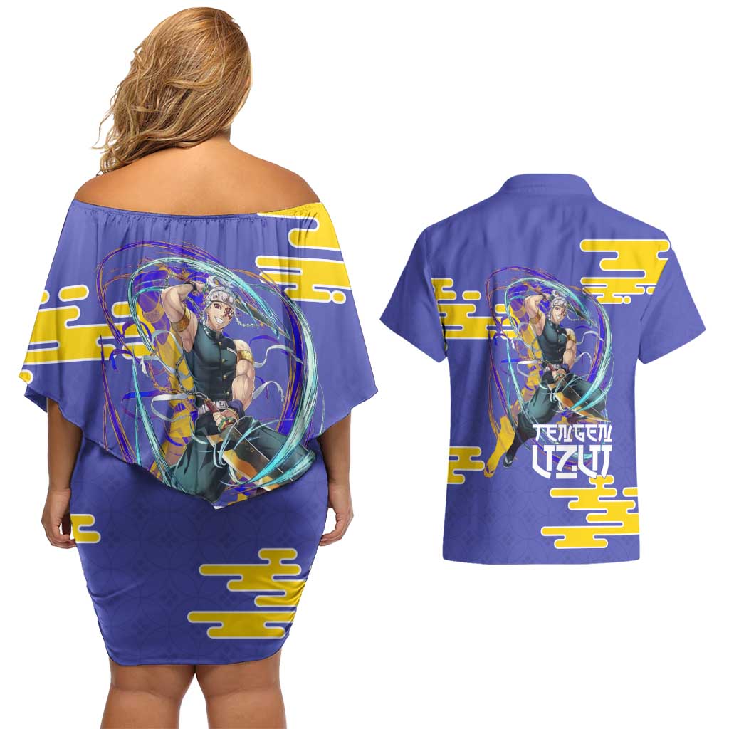 Tengen Uzui Demon Slayer Couples Matching Off Shoulder Short Dress and Hawaiian Shirt Vibrant Anime Soundwave Style