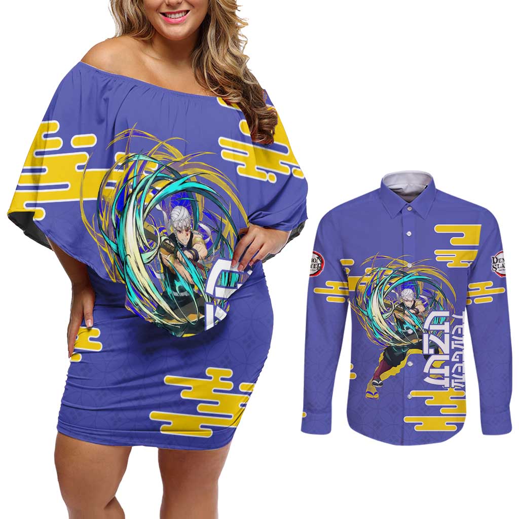 Tengen Uzui Demon Slayer Couples Matching Off Shoulder Short Dress and Long Sleeve Button Shirt Vibrant Anime Soundwave Style
