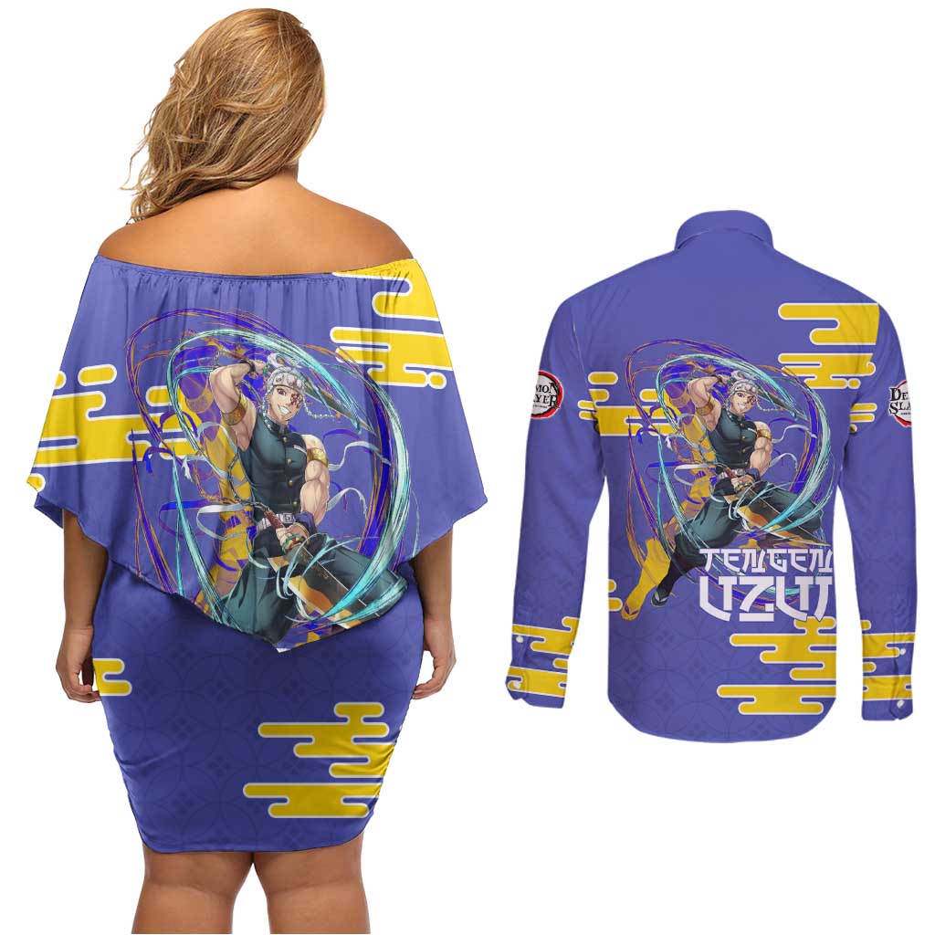 Tengen Uzui Demon Slayer Couples Matching Off Shoulder Short Dress and Long Sleeve Button Shirt Vibrant Anime Soundwave Style