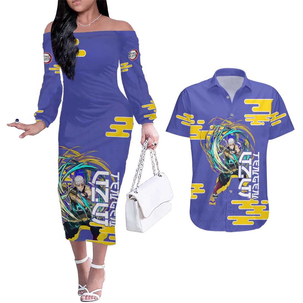 Tengen Uzui Demon Slayer Couples Matching Off The Shoulder Long Sleeve Dress and Hawaiian Shirt Vibrant Anime Soundwave Style