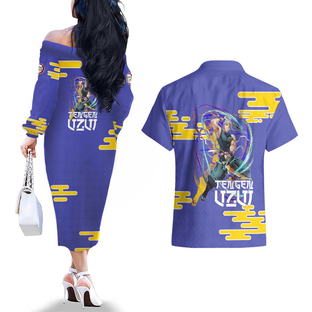 Tengen Uzui Demon Slayer Couples Matching Off The Shoulder Long Sleeve Dress and Hawaiian Shirt Vibrant Anime Soundwave Style