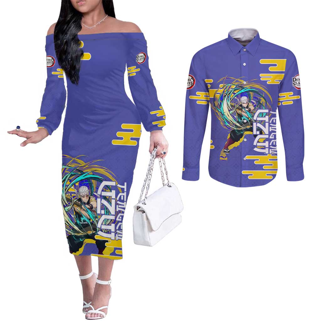 Tengen Uzui Demon Slayer Couples Matching Off The Shoulder Long Sleeve Dress and Long Sleeve Button Shirt Vibrant Anime Soundwave Style