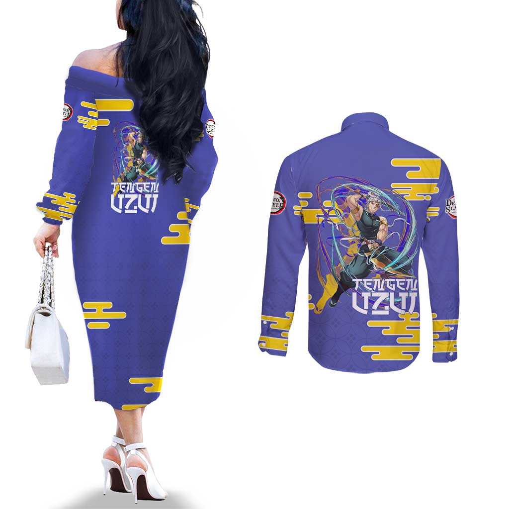 Tengen Uzui Demon Slayer Couples Matching Off The Shoulder Long Sleeve Dress and Long Sleeve Button Shirt Vibrant Anime Soundwave Style