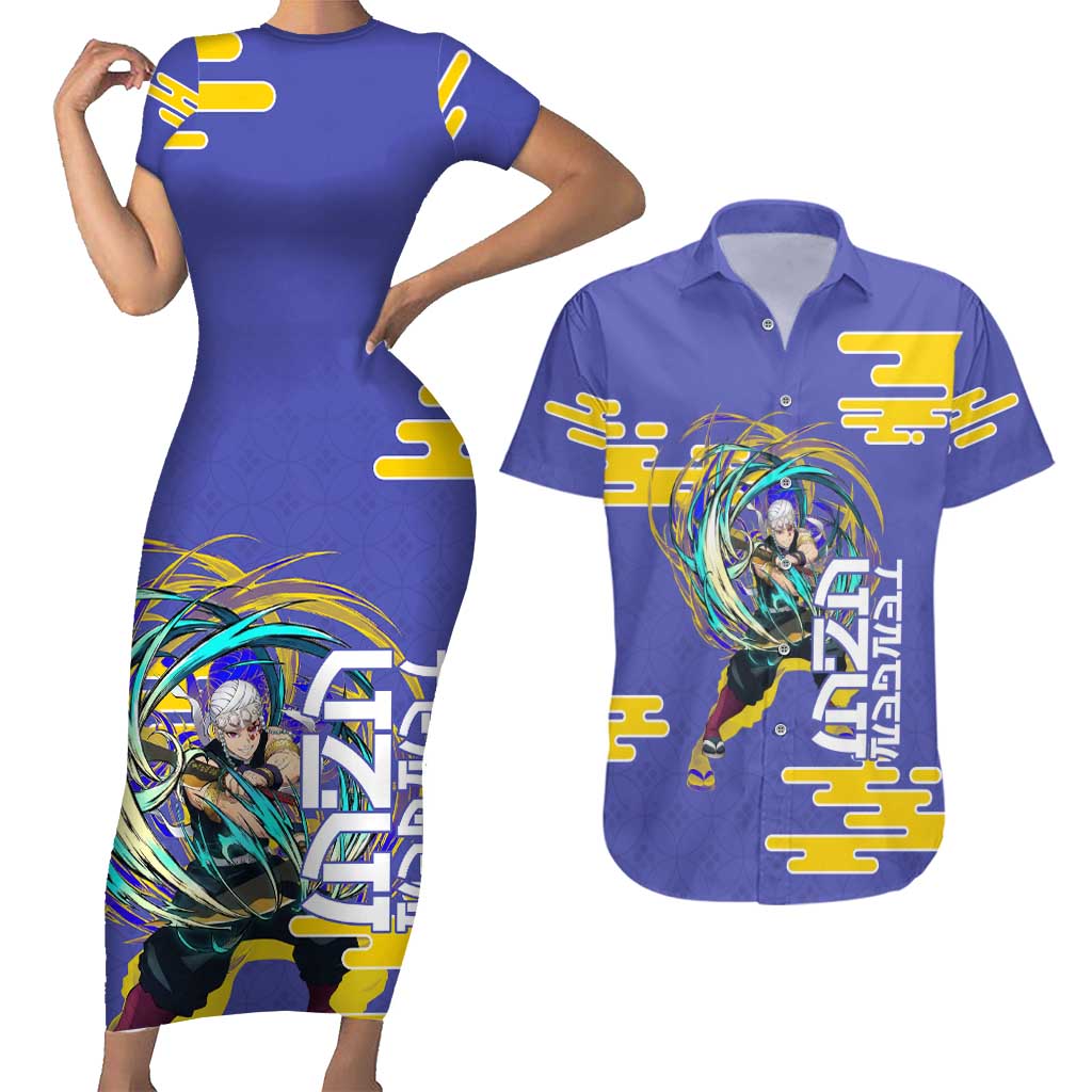 Tengen Uzui Demon Slayer Couples Matching Short Sleeve Bodycon Dress and Hawaiian Shirt Vibrant Anime Soundwave Style
