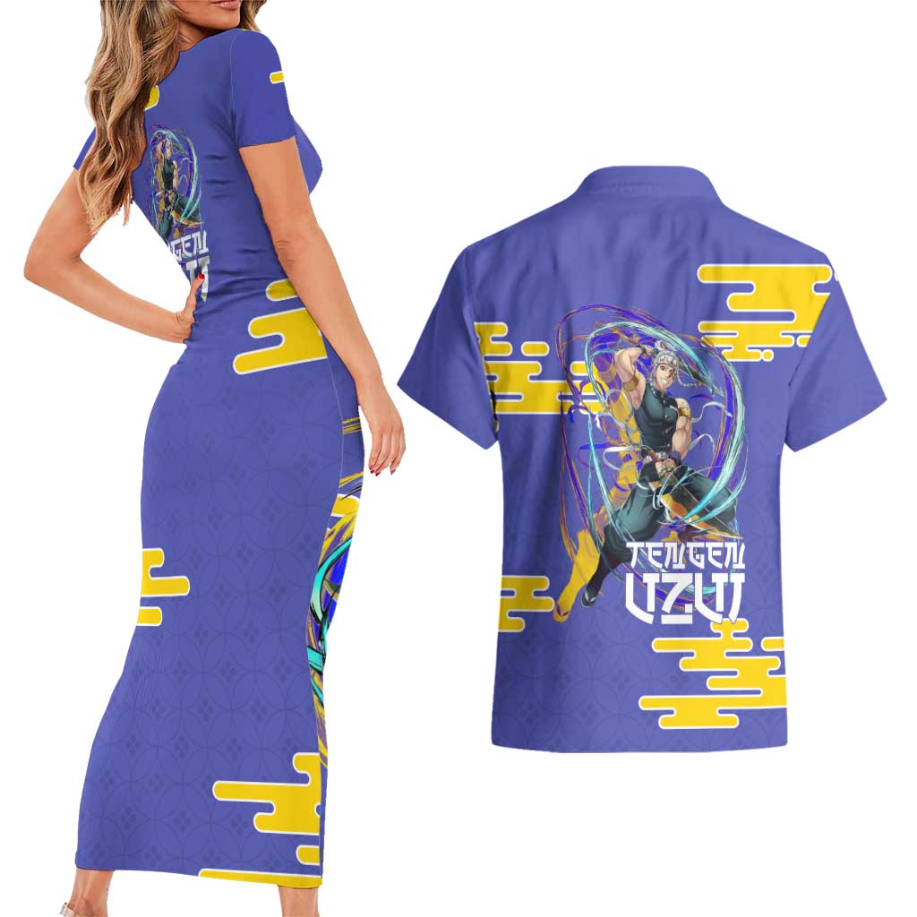 Tengen Uzui Demon Slayer Couples Matching Short Sleeve Bodycon Dress and Hawaiian Shirt Vibrant Anime Soundwave Style