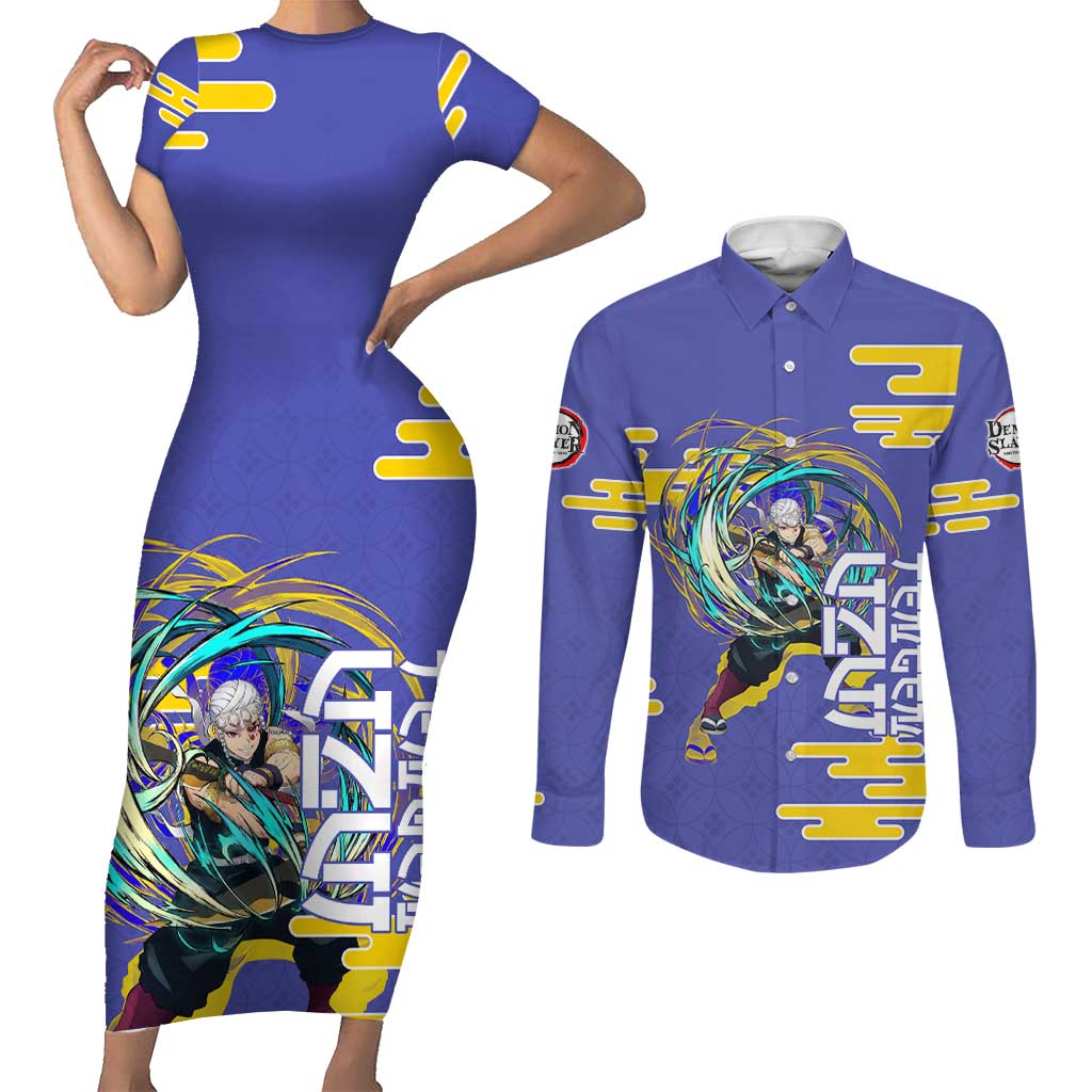 Tengen Uzui Demon Slayer Couples Matching Short Sleeve Bodycon Dress and Long Sleeve Button Shirt Vibrant Anime Soundwave Style